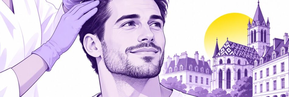 illustration éditoriale greffe de cheveux à Dijon, homme aux cheveux foncés examiné au niveau de la ligne frontale et de la tempe par un professionnel de santé avec gants violets, consultation capillaire en clinique, architecture dijonnaise et toiture bourguignonne en arrière-plan, palette violet blanc jaune, 2026