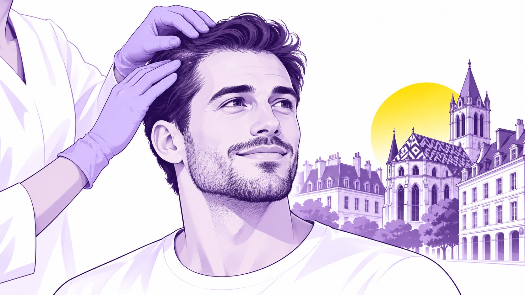 illustration éditoriale greffe de cheveux à Dijon, homme aux cheveux foncés examiné au niveau de la ligne frontale et de la tempe par un professionnel de santé avec gants violets, consultation capillaire en clinique, architecture dijonnaise et toiture bourguignonne en arrière-plan, palette violet blanc jaune, 2026