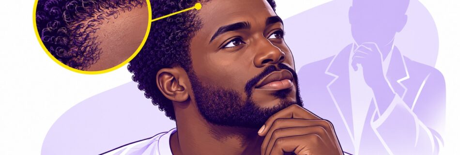 illustration éditoriale homme noir cheveux afro crépus courts, vue trois quarts, main sous le menton, gros plan circulaire sur ligne frontale et implantation des cheveux bouclés, repère jaune reliant la zone observée au cuir chevelu, silhouette violette de praticien en arrière-plan, fond blanc et violet