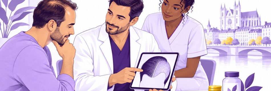 illustration éditoriale greffe de cheveux à Nantes, homme avec alopécie en consultation capillaire face à un médecin et une soignante, tablette montrant une implantation de greffons sur la ligne frontale, paysage urbain nantais en arrière-plan, pièces jaunes symbolisant le prix et flacon avec gélules représentant les alternatives capillaires