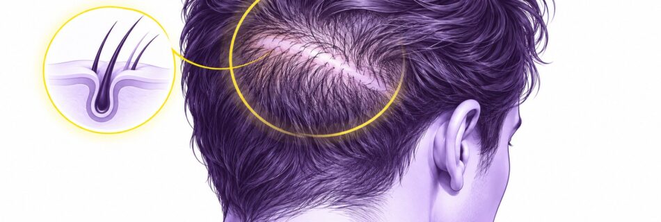 illustration médicale en vue arrière du cuir chevelu, cheveux violets écartés autour d’une cicatrice linéaire claire avec implantation de follicules pileux sur la zone cicatricielle, cercle jaune de repérage et agrandissement latéral montrant un follicule et plusieurs cheveux traversant les couches du cuir chevelu
