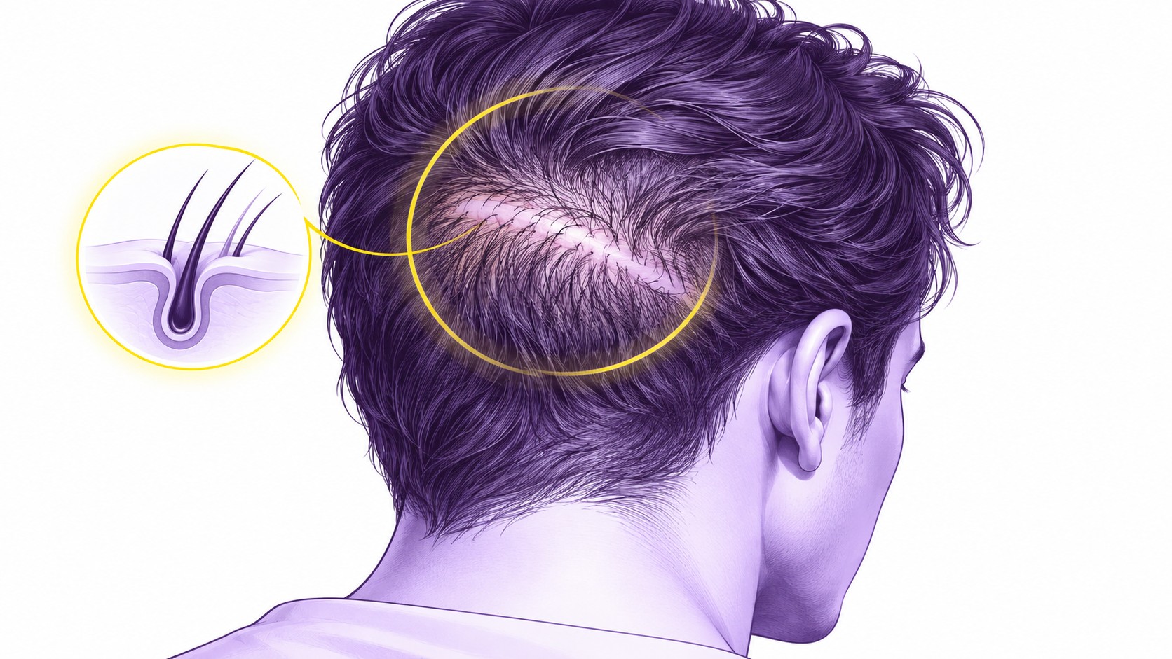 illustration médicale en vue arrière du cuir chevelu, cheveux violets écartés autour d’une cicatrice linéaire claire avec implantation de follicules pileux sur la zone cicatricielle, cercle jaune de repérage et agrandissement latéral montrant un follicule et plusieurs cheveux traversant les couches du cuir chevelu