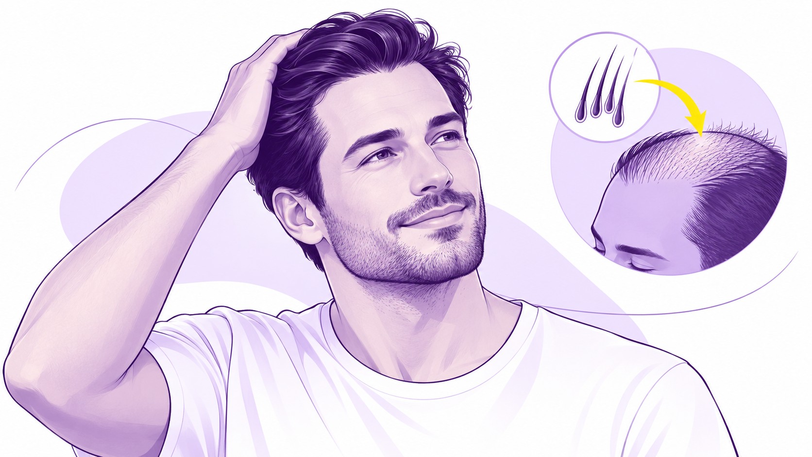 Illustration éditoriale technique Choi greffe de cheveux, homme aux cheveux foncés touchant sa chevelure, vue rapprochée zone frontale clairsemée, unités folliculaires représentées individuellement, flèche jaune indiquant implantation des greffons vers zone receveuse, palette violet foncé violet clair jaune sur fond blanc